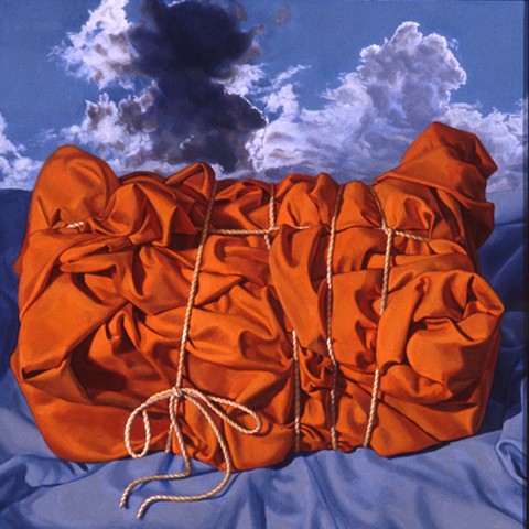 "Almost Possessed" by Pamela Sienna, still life oil painting of cloth bound by string with clouds, contemporary  realism