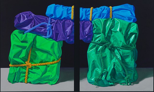 Four Balanced Memories (visual stutter) by Pamela Sienna - diptych oil painting of wrapped cloth, realism contemporary still life, green, blue, purple