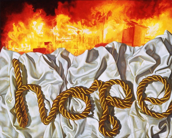 "Hope #4" by Pamela Sienna, 11" x 14" still life oil painting with white cloth and cord spelling Hope and fire in background, contemporary realism