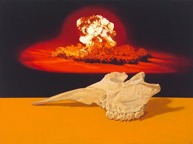 Pamela Sienna still life painting, cow skull, atomic bomb explosion