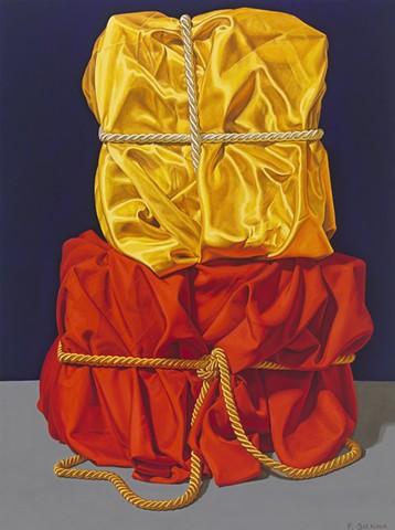 Monument #2 by Pamela Sienna - 24" x 18" oil still life painting of cloth, yellow satin and rust orange rayon cloth with cords, contemporary realism