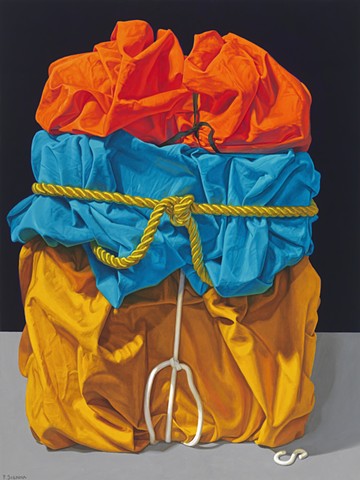 Monument #1 by Pamela Sienna, oil painting, still life, cloth, wrapped, cord, orange, blue, gold, woman painter, realism, realist painting