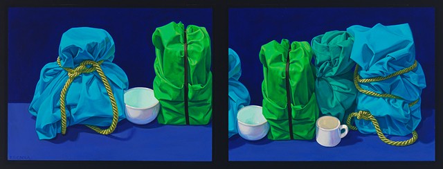 Six Floating Memories (visual stutter) by Pamela Sienna - diptych oil still life painting of cloth, cords and cups, blues and greens