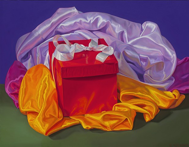 Gift for Tomorrow #7 by Pamela Sienna - still life painting, oil on panel, cloth, gift, satin,  contemporary realism