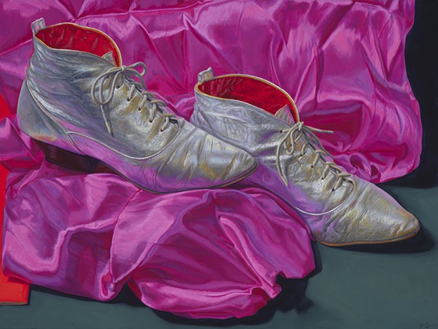 Well Worn (silver boots from 1986) by Pamela Sienna -oil painting, wardrobe, still life, silver boots, cloth, clothes, shoes