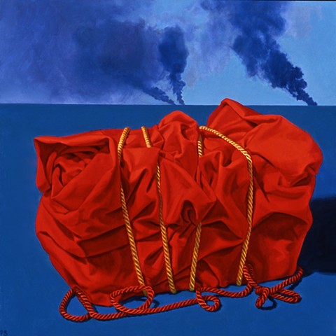 Pamela Sienna oil painting of cloth package bound by cords, with smoke on the horizon