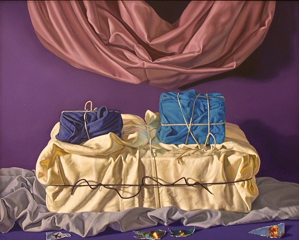 "Secrets of Civilization #2" by Pamela Sienna, 16" x 20" still life painting of cloth, tied and stacked plus drape and scraps of paper, contemporary realism