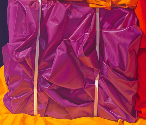 detail of oil painting by Pamela Sienna, "Packed" drapery, wrapped cloth, fuchsia polished cotton