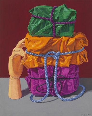 "Prop" by Pamela Sienna, 20" x 16" oil painting, still life of cloth tied with cord and stacked, with wooden hand, contemporary realism