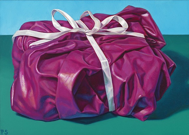 "Gift for Tomorrow #2" by Pamela Sienna, oil painting of purple polished cotton cloth tied with ribbon, contemporary realism