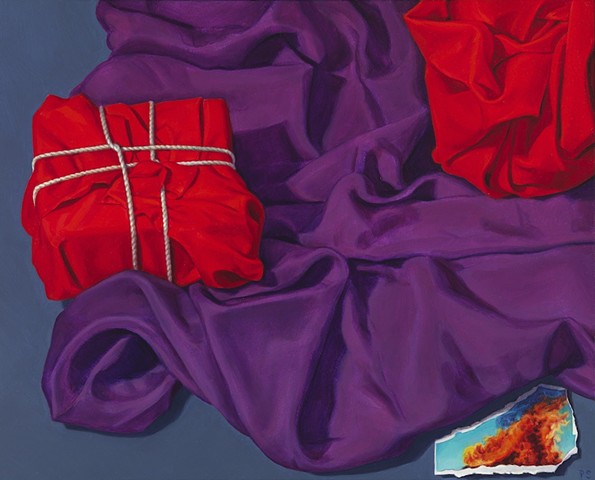 "What was put aside" by Pamela Sienna, 8" x 10" still life oil painting of red and purple cloth, scrap of paper with fire, contemporary realism
