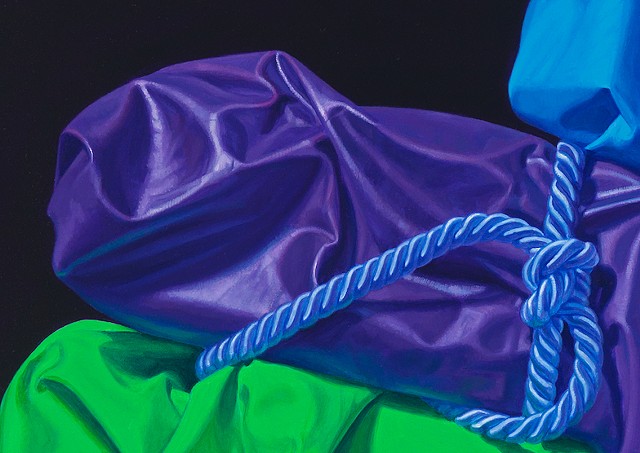 detail of polished cotton cloth in oil painting by Pamela Sienna - Four Balanced Memories (visual stutter)