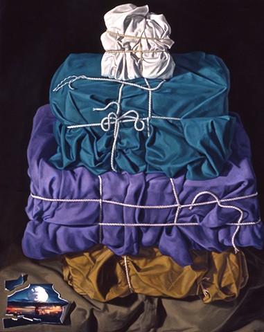 "Imbalance" by Pamela Sienna, oil painting of cloth stacked, bound with string, paper scrap with bomb image, contemporary still life