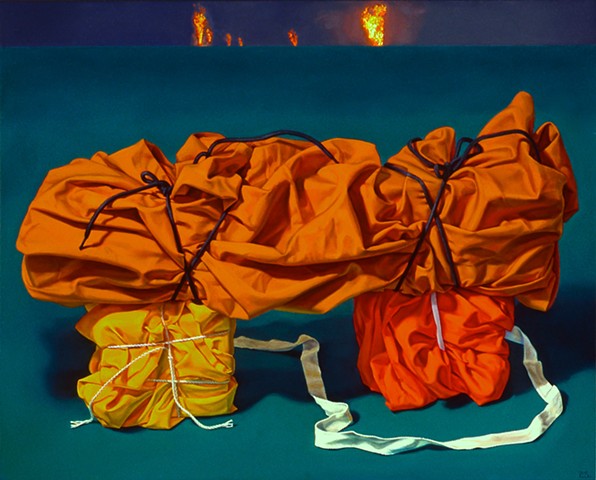 "Secrets of Civilization #1" by Pamela Sienna, 16" x 20" oil painting, still life of cloth, tied and stacked, with distant fires, contemporary realism
