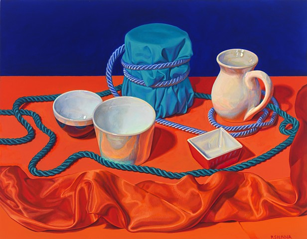 Circling the Still Life #2 by Pamela Sienna - still life oil painting, cloth, vases, cord, orange, blue