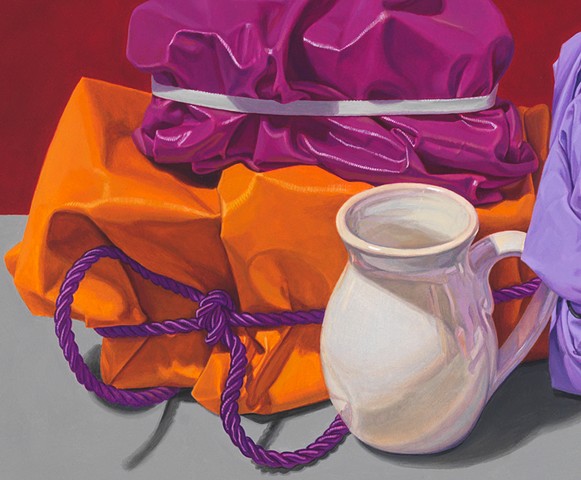 detail of white cup and polished cotton folds and cord in still life oil painting by Pamela Sienna