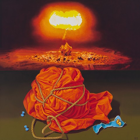 Pamela Sienna oil painting of wrapped cloth and explosion. Contemporary realism