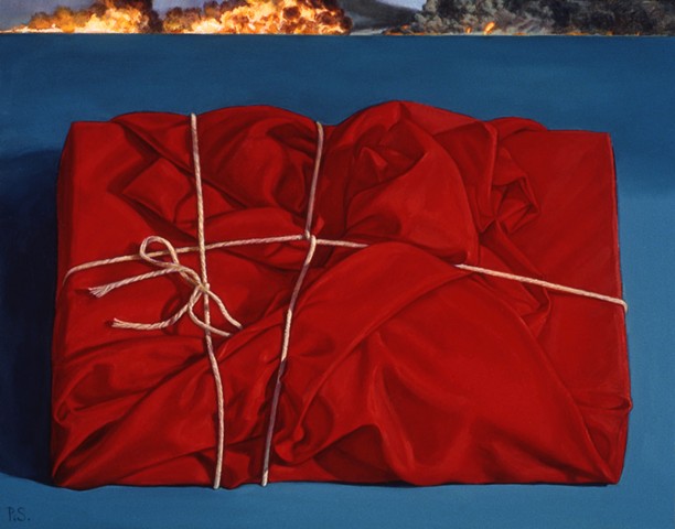 "Wrapped (rapt)" by Pamela Sienna, 11" x 14" oil painting still life of cloth and fire on horizon, contemporary realism