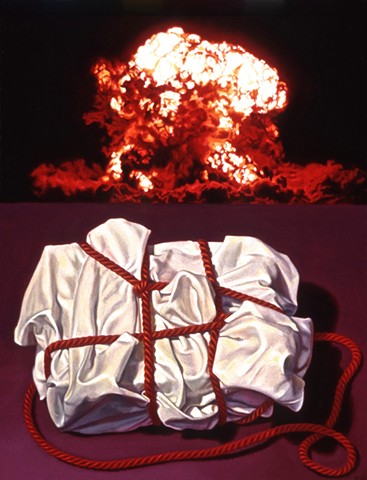 Pamela Sienna oil painting of cloth and atomic explosion blast. Contemporary realism.