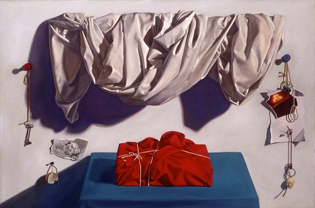 "Wrapped (in the medium of time)" by Pamela Sienna, oil painting, still life of white draped cloth and red cloth wrapped and tied package, scraps of paper and string.  Arthur S Goldberg collection, Danforth Museum of Art, Framingham, MA