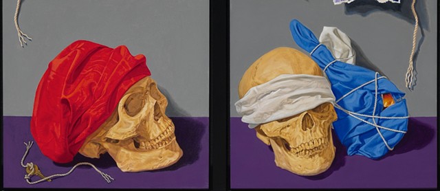 detail of skulls in oil painting by Pamela Sienna