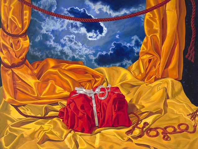 Primary Phase (chaos and Hope) by Pamela Sienna - still life oil painting, satin, cords, hope, gift, ribbon, cloud, woman painter, contemporary realist