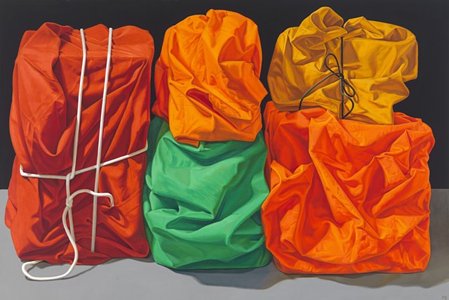 "The Reeling Mind" by Pamela Sienna, 24" x 36" oil painting still life of wrapped cloth, contemporary realism