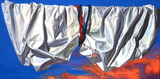 Lift" by Pamela Sienna, 18" x 36" oil painting, still life of draped white cloth tied by cords, drapery pulled up in front of bright sunset sky, Collection of Evansville Museum, contemporary realism