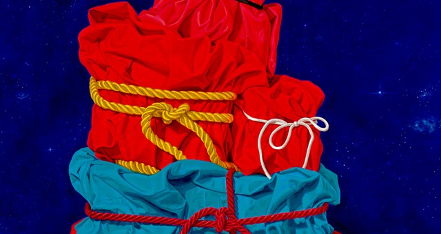 detail of still life painting of cotton cloth and satin cords - Pamela Sienna "Mounting Secrets #2"