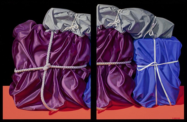 Three Packed Memories (visual stutter) by Pamela Sienna - diptych still life oil painting of cloth and cords, satin, cotton, realism, purple, blue
