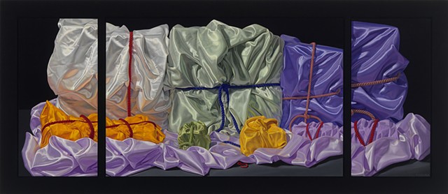 Seven Ways to Remember (visual stutter) by Pamela Sienna -  29.5" x 68" triptych oil still life painting of satin cloth, woman painter, contemporary realism