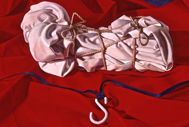 oil painting detail of "Between Question and Reflection" by Pamela Sienna, white wrapped and tied cloth on red cloth with hook