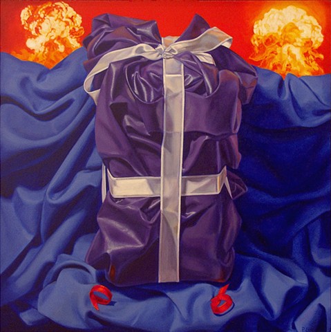 Pamela Sienna oil painting of cloth, ribbon, explosions. Contemporary realism.