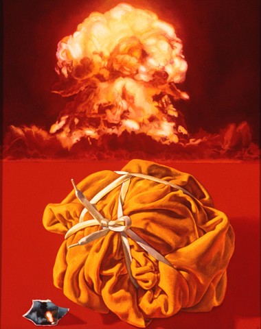 Pamela Sienna oil painting of atomic bomb test and cloth still life