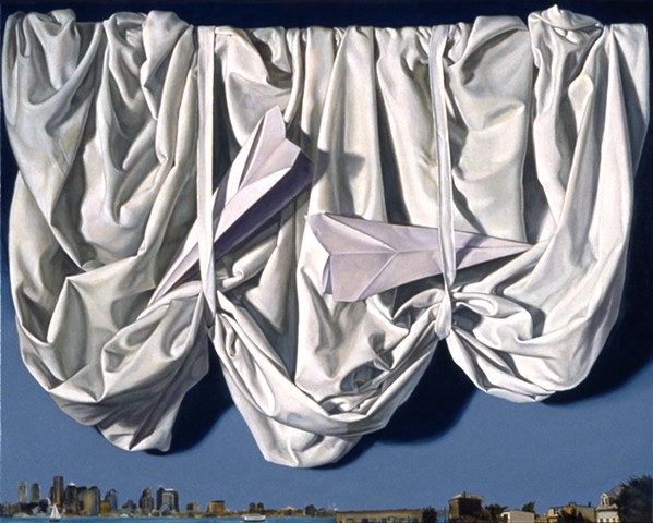 "My Sky (East Boston" by Pamela Sienna, 16" x 20" oil painting, still life of white draped cloth with paper airplanes and Boston Harbor skyline, contemporary realism