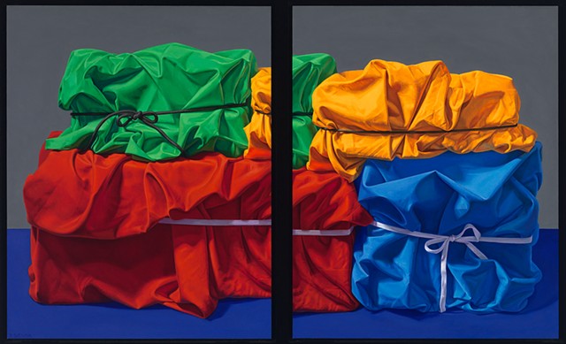 Four Seasonal Memories (visual stutter) by Pamela Sienna - oil still life painting of cloth, realist art, realism, draped wrapped cloth, green, yellow, red, blue