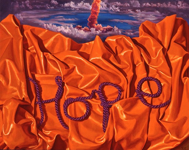 "Hope #3" by Pamela Sienna, 11" x 14" oil painting still life with brightly colored cloth and cord spelling Hope with rocket in background, contemporary realism