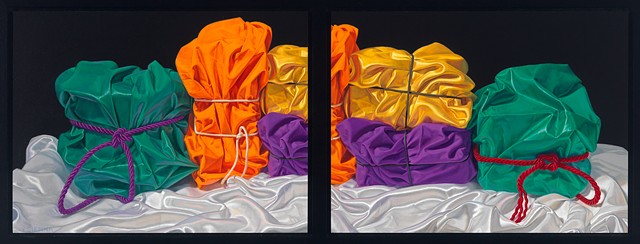 Five Crowded Memories (visual stutter) by Pamela Sienna - diptych oil painting, still life of cloth, satin, cotton, realist painting