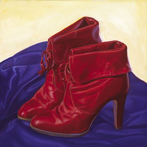 Wardrobe Study (wine red boots from 1978) by Pamela Sienna - wardrobe series, 1970's boots painting study