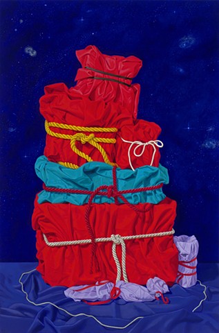  Mounting Secrets #2 by Pamela Sienna, 36" x 24" - still life oil painting of cloth wrapped and bound