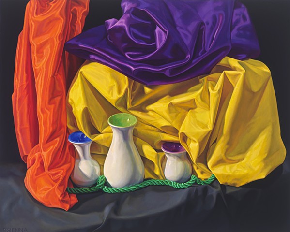 Circling the Still Life #3 by Pamela Sienna - still life oil painting, painting of cloth, satin, vase, woman painter, contemporary still life painting