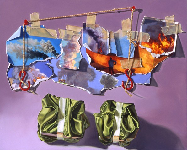 Pamela Sienna, trompe l'oeil painting, contemporary still life painting, paper, tape, tacks, string
