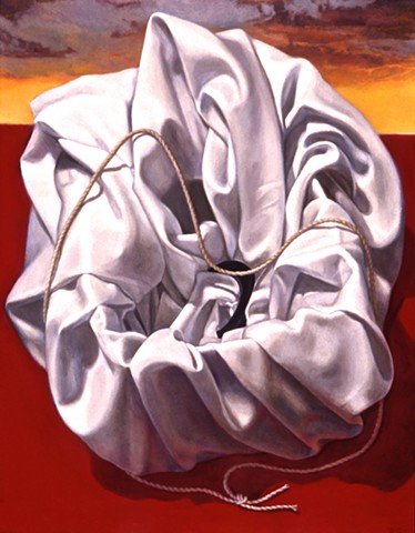 "Wrapped (the next question" by Pamela Sienna, 14" x 11" oil painting of cloth with string, still life contemporary realism