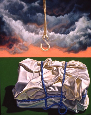 Unsettled by Pamela Sienna - oil painting of still life of bound white cloth with clouds
