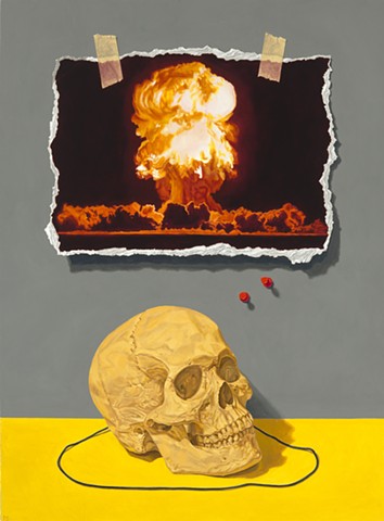 Pamela Sienna oil painting of skull and trompe l'oeil paper explosion