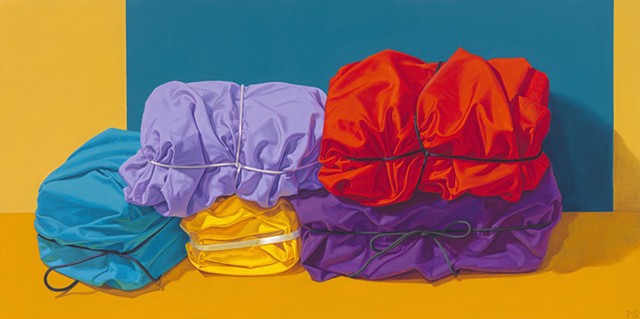 "Interlocked" by Pamela Sienna, 12" x 24"  oil painting, still life of cloth tied and stacked, contemporary realism
