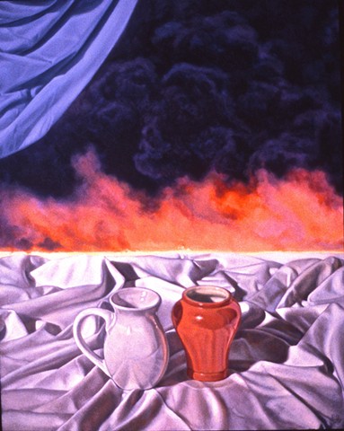 Pamela Sienna oil painting of still life with smoke and cloth