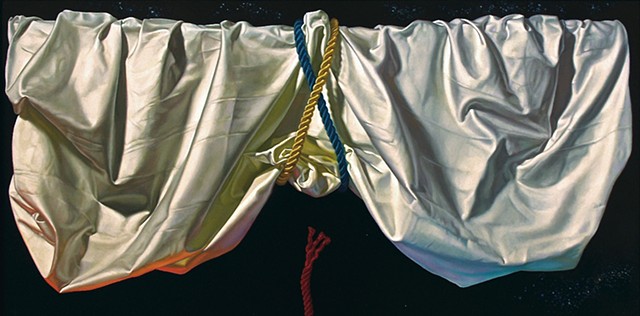 Poem You Can't Read" by Pamela Sienna, 18" x 36" still life oil painting, draped white cloth held up by cords across a night sky with stars, drapery, contemporary realism