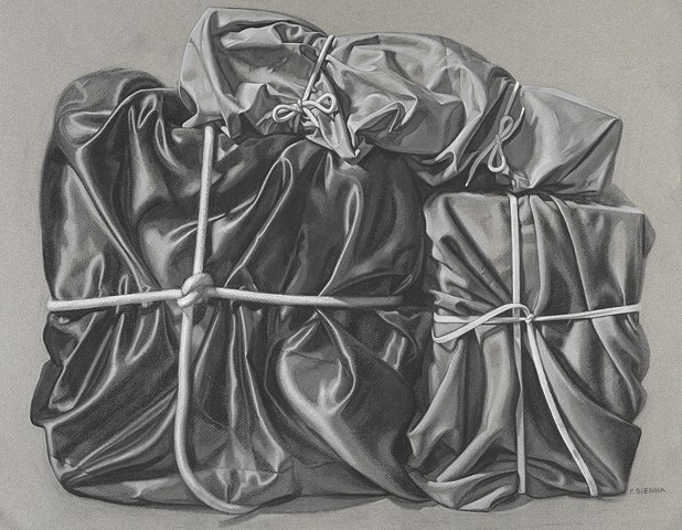 Pamela Sienna, realist charcoal drawing of cloth, study for painting Three Packed Memories