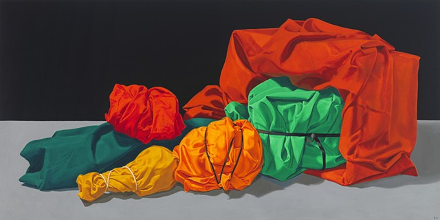 "Cornucopia" by Pamela Sienna, 18" x 36"  still life oil painting, of wrapped and tied cloth spilling out of box